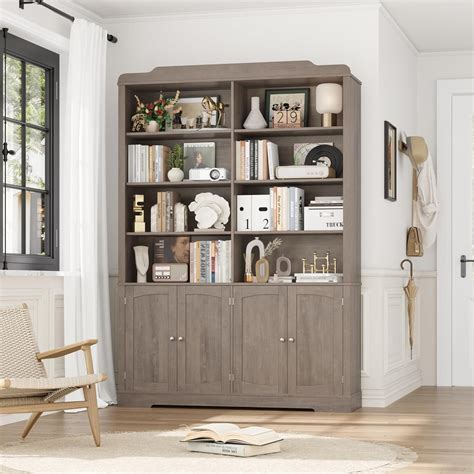 73.1" Bookcase with Doors,6 Tier Large Bookshelf with Storage,Adjustable Shelves & Curved Doors ...