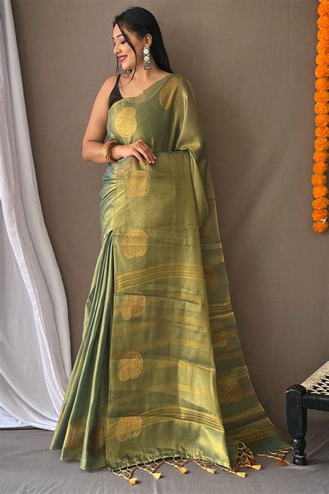 Precious Green Soft Banarasi Tissue Silk Saree With Stylish Blouse Pie ...