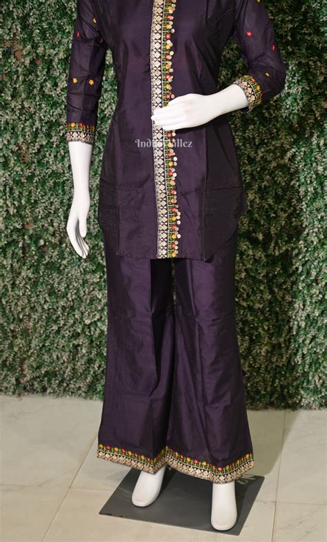 Purple Embroidered Kurta Set with Palazzo-(Co-Ords Set) – IndianVillèz