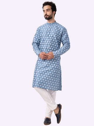 Ethnic Steel Blue Printed Kurta For Men – The Kurta Company