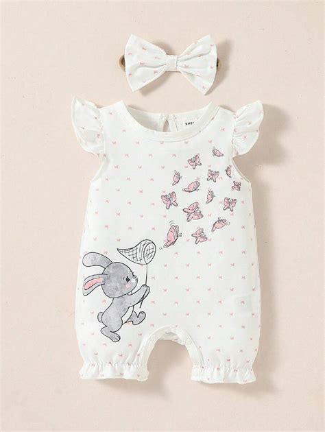 SHEIN Baby Girl Newborn Rabbit & Butterfly Print Ruffle Trim Romper ...