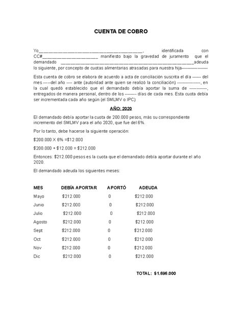 Modelo de Cuenta de Cobro por Cuotas Alimentarias 2020-2021 - Studocu
