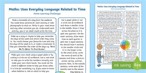 EYFS Maths: Uses Everyday Language Related to Time Home Learning Challenges