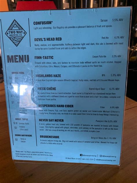 Menu at 2 Way Brewing Company pub & bar, Beacon