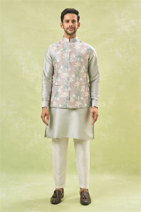 Grey Embroidered Kurta-Jacket Set