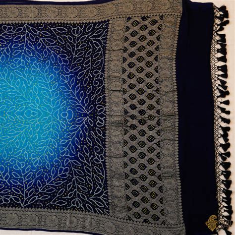 Firozi-Navy Blue Pure Georgette Handloom Bandhani Dupatta - Tilfi
