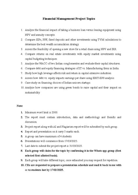 Financial Management Project Topics (FM 101): Analyzing Investment ...