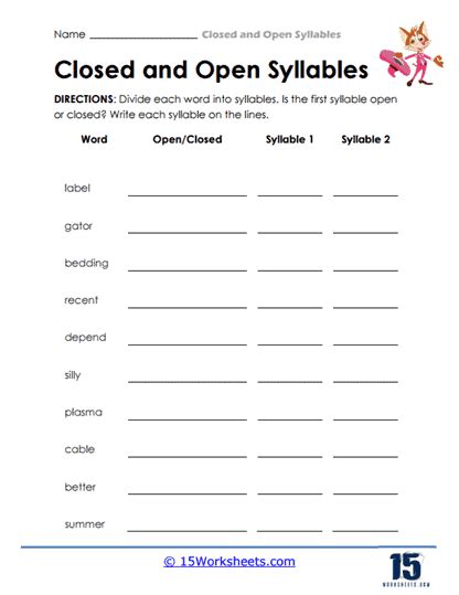 Closed Syllables Examples Worksheet 的图像结果