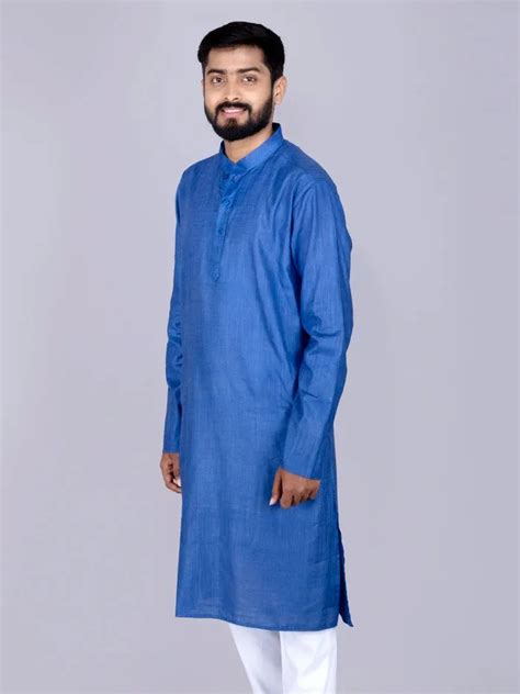 Blue Solid Handwoven Slab Cotton Men Kurta Best Price at Weavers India ...