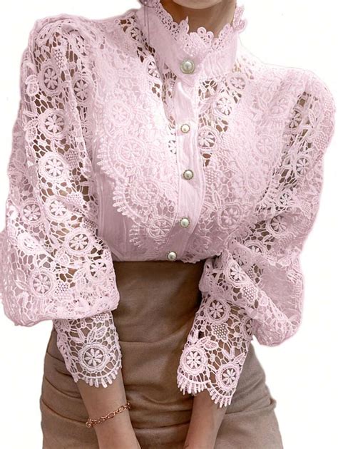 Women Mock Neck Victorian Lace Puff Sleeve Shirt Elegant Vintage Blouse ...