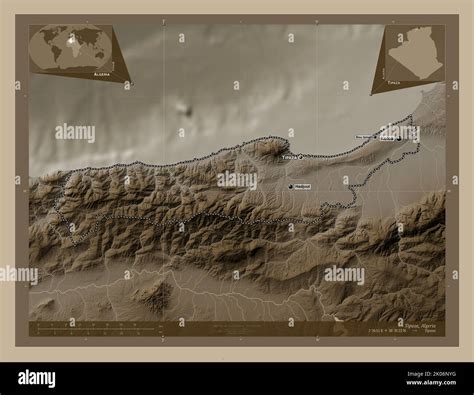 Tipaza, province of Algeria. Elevation map colored in sepia tones with lakes and rivers ...