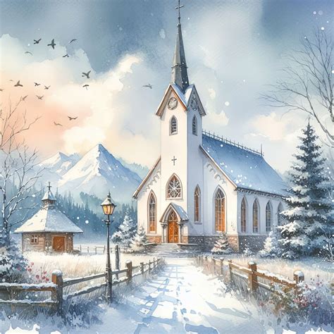 10 Winter Country Church Clipart Bundle Watercolor Vintage Clip Art Christmas Card Church Images ...