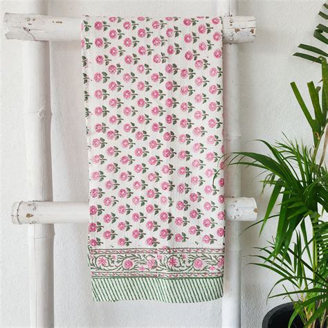 Pure Cotton Bath Towel Block Printed White With Pink Flower Motif Soft ...