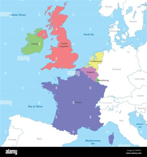 Color political map of Western Europe with borders of the countries ...