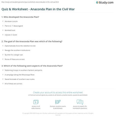 Quiz & Worksheet - Anaconda Plan in the Civil War | Study.com
