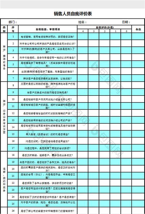 销售人员自我评价表excel模板下载-包图网