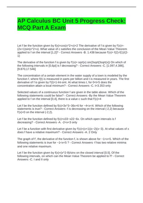 AP Calculus BC Unit 5 Progress Check MCQ Part A Exam Questions and ...