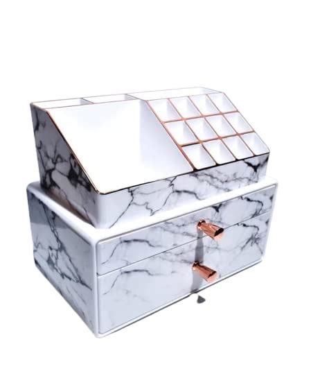 OMAARA Marble Makeup Nation Small 2- Drawer Box with Makeup Organizer ...