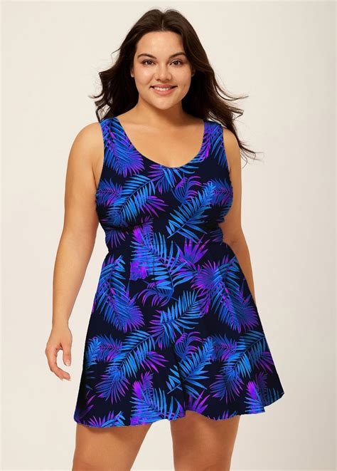 Lilyease Plus Size Purple Leaf Modest Swimwear Swim Dress With Shorts ...