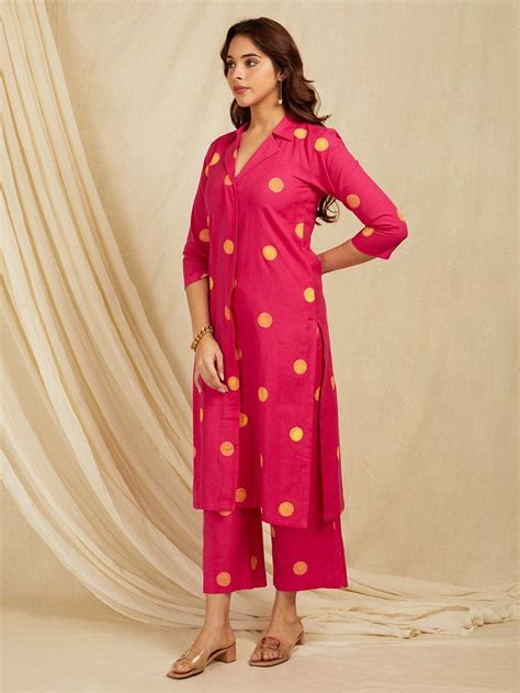 Buy Magenta Polka Dot Hand Block Printed Cotton Slub Kurta with Pants ...