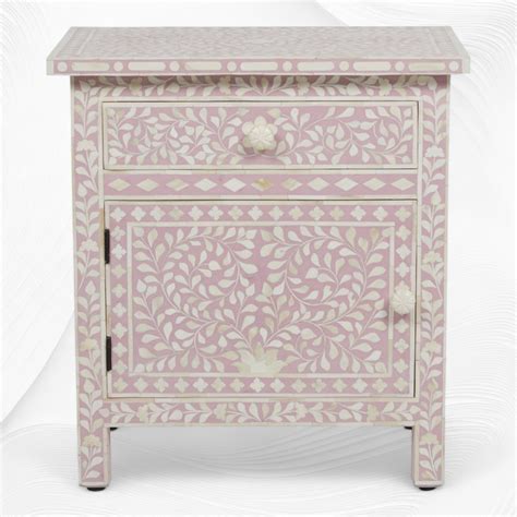 Bone Inlay Bedside Floral 1 Drawer 1 Door Blush Pink – Luxury Handicrafts