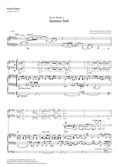 Summer Soft (arr. Popnroll 1976) by Stevie Wonder Sheet Music for Piano ...