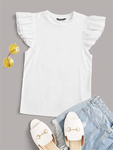 SHEIN Privé Two Layer Ruffle Sleeve Solid Top | SHEIN USA