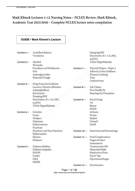 Mark Klimek Lectures 1-12 Nursing Notes - NCLEX Review, Mark Klimek ...