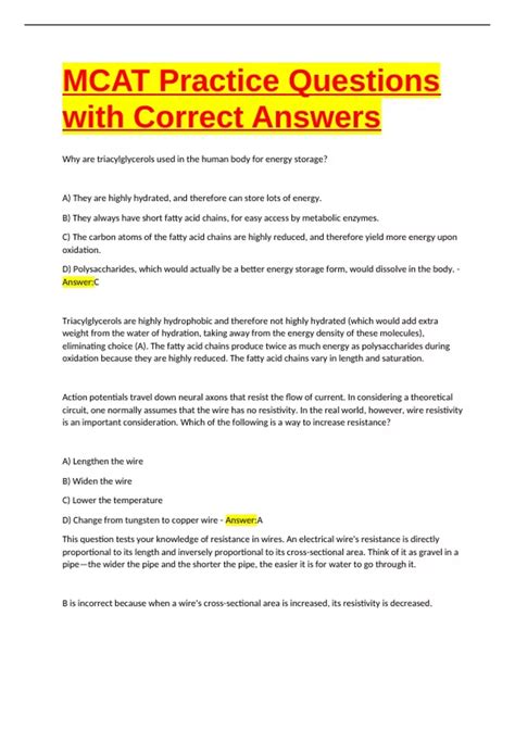 MCAT Practice Questions with Correct Answers - MCAT Practice - Stuvia US