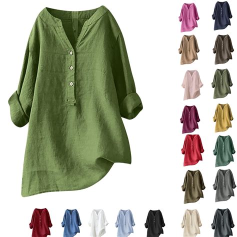 Generic Womens Cotton Linen Shirts Solid 3/4 Sleeve Tunic Tops ...