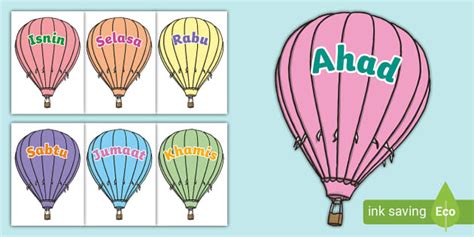 Poster Hari dalam Seminggu Tema Belon Udara Panas - Twinkl