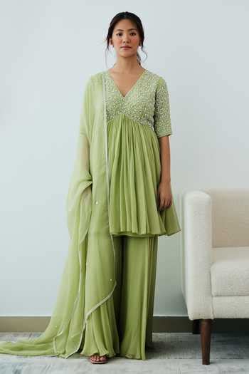 Buy Green Georgette Beads, Embroidery V-neck Yoke Kurta Sharara Set For ...