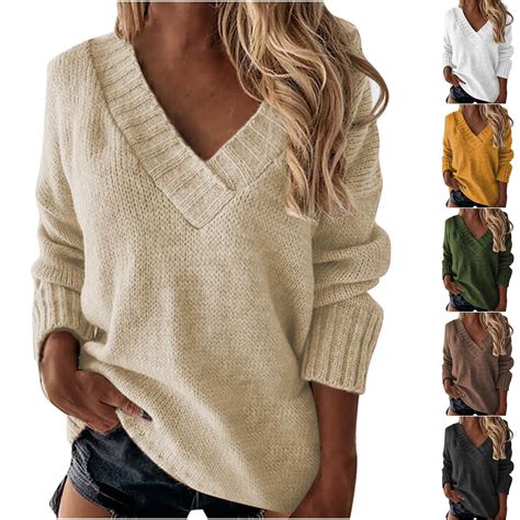 Fartey Oversized Sweaters for Women Deep V Neck Pullover Tops Loose ...