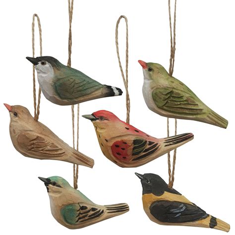 Carved Wood Bird Ornaments Set of 6 by HomArt - Seven Colonial