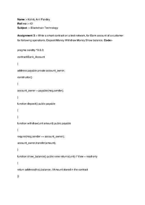 Blockchain Technology Assignment 3: Smart Contract for Bank Account ...