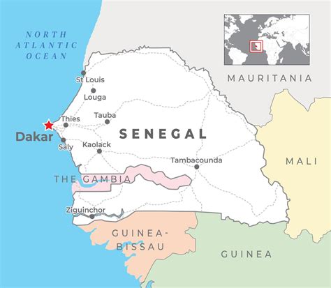 Senegal Political Map with capital Dakar, most important cities with ...
