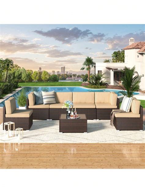 YODOLLA YODOLLA 7 Piece Outdoor Patio Furniture Set, PE Rattan Wicker ...