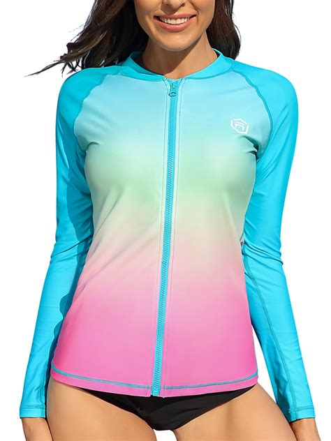 Charmo Womens UPF 50+ Full Zip Front Swimsuit Tops Long Sleeve Rash ...