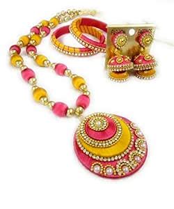 Buy Hasini Creations Pink and Yellow Silk Thread Jewelry Set for Women ...