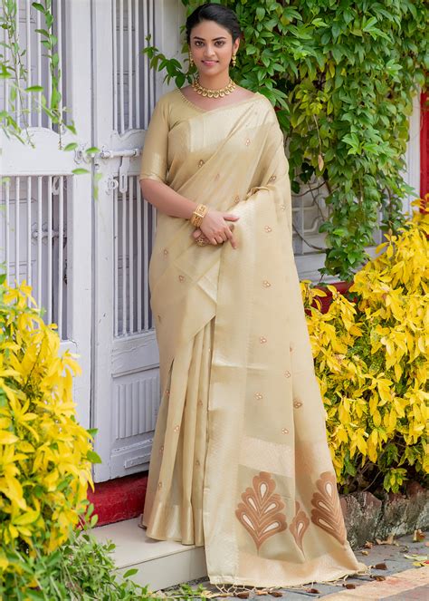 Buy Akaroa Cream Woven Banarasi Linen Silk Saree Online - MySilkLove