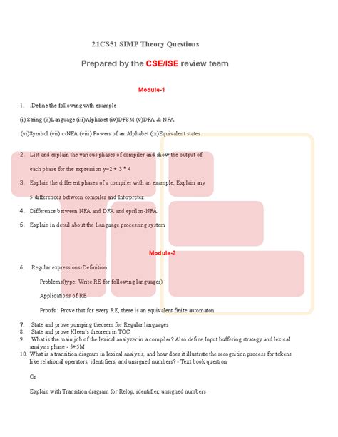 21CS51 Compiler Theory: Key Concepts & Questions Explained - Studocu
