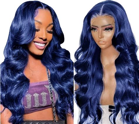 Amazon.com : Navy Blue Lace Front Wig Human Hair Body Wave 13x4 Lace ...