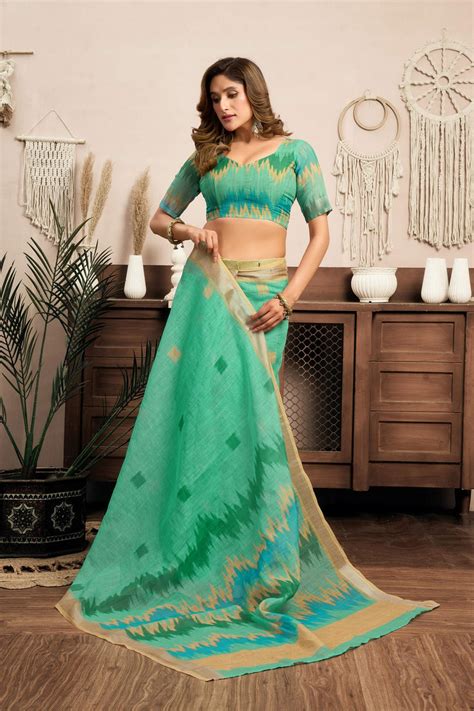 Women's Green Ready To Wear Linen Printed Pocket Saree With Unstitched ...