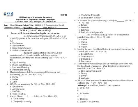 CLA1B - SET 12 - Communicative English Mock Paper and Test Questions ...