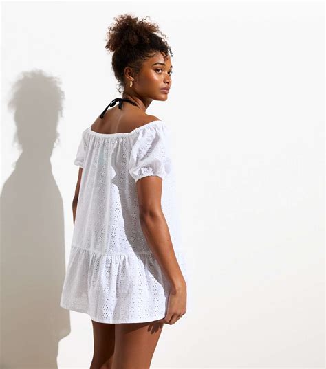White Broderie Anglaise Bardot Beach Mini Dress | New Look