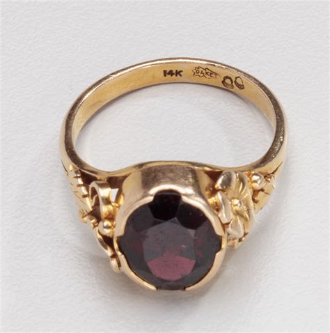 American Arts & Crafts 14kt Yellow Gold Ring with Garnet by Susan Oakes ...