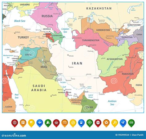 Southwest Asia Map and Map Markers Isolated on White Stock Vector ...