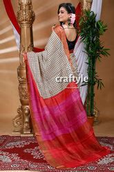 Ivory White & Black Check Design Hand Block Pure Zari Tussar Saree ...