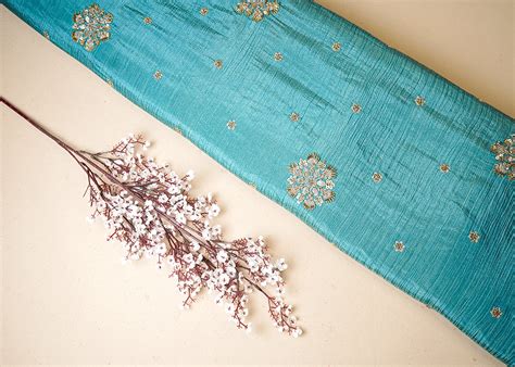 Blue Tissue Fabric With All Over Floral Print And Sequins, Bead, Katda