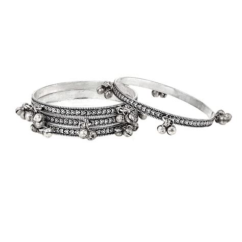 Buy Yellow Chimes Oxidised Bangles for Women Silver Oxidised Bangle Set ...